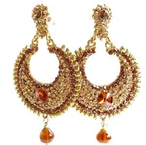 Vintage Gold Tone Dangling Earrings Amber Stones